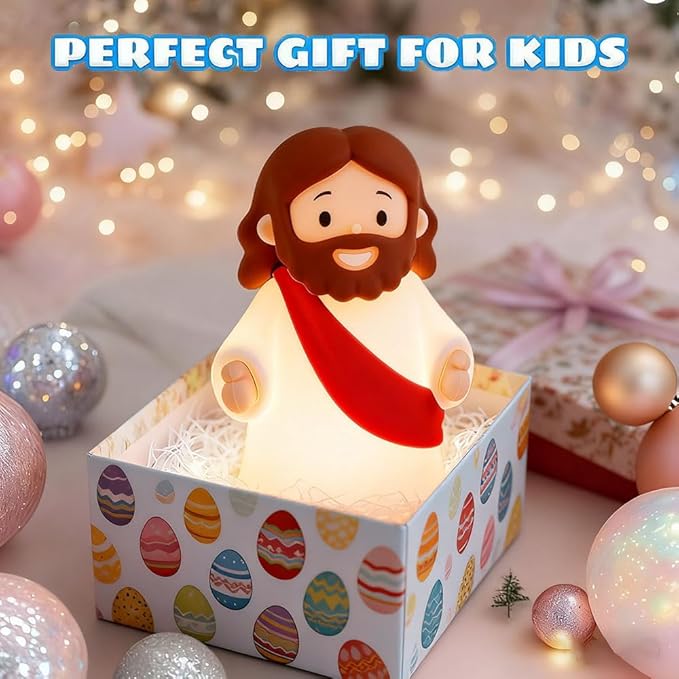 Jesus Night Light Rechargeable Bedside Night Light Dimmable Silicone LED Light Ideal for Religious Gatherings, Gifts for Sunday School, Baptism Presents, Easter Egg Decorations (red)