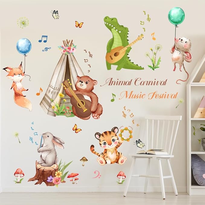 Animal Wall Decals Peel and Stick Bear Crocodile Wall Sticker Removable Safari Tiger Wall Decal Music Wall Stickers for Bedroom Nursery Classroom