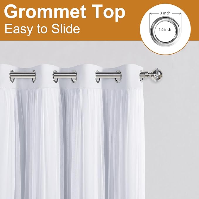 DWCN White Blackout Curtains with Sheer Overlay Thermal Insulated Mix & Match Double Layer Window Panels for Bedroom Living Room Drape Sewn with Tiebacks Grommet Top 52" Wx108 Lx2