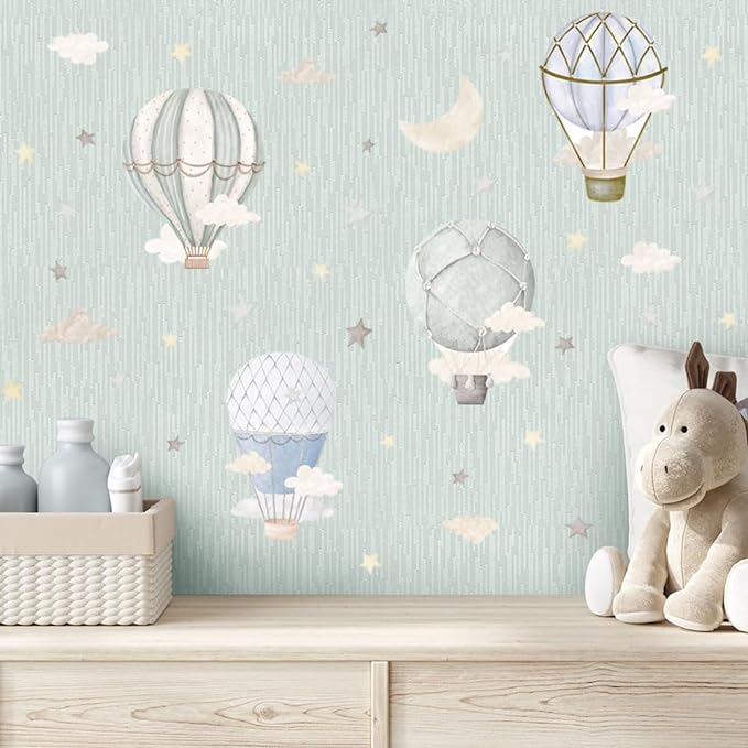 Watercolor Hot Air Balloon Wall Decals, Stars Clouds Balloon Vinyl Wall Stickers, Peel and Stick Colorful Artwork for Nursery Bedroom Toddler Room Playroom Decor