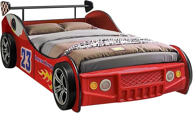 LKTART Twin Size Car Bed for Kids, Race Car-Shaped Wooden Platform Bed Frame with Headboard Wheels and Support Slats for Boys Toddlers Child's Bedroom (Red)