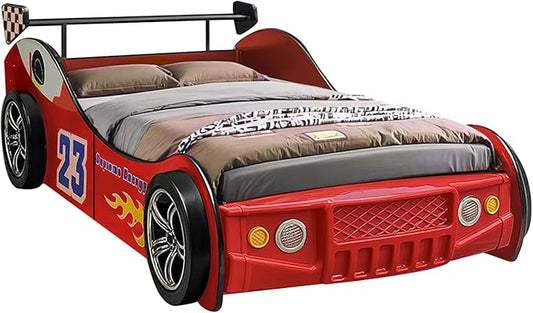 LKTART Twin Size Car Bed for Kids, Race Car-Shaped Wooden Platform Bed Frame with Headboard Wheels and Support Slats for Boys Toddlers Child's Bedroom (Red)