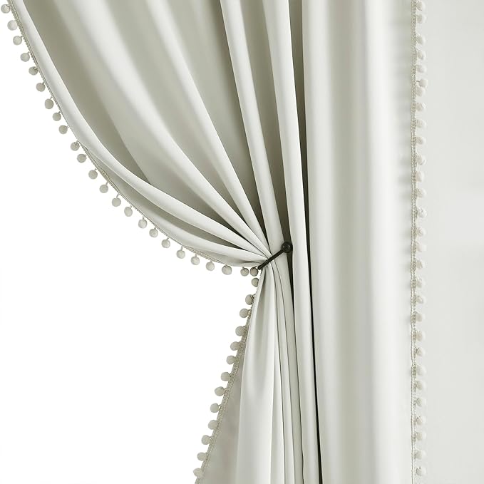 Treatmentex Full Blackout Curtains for Bedroom Natural Ivory Pom-Pom Thermal Insulated Window Drapes 63inch Length Curtain Panels for Kids Guest Room Hotel 52" Wx 2pcs Beige Rod Pocket