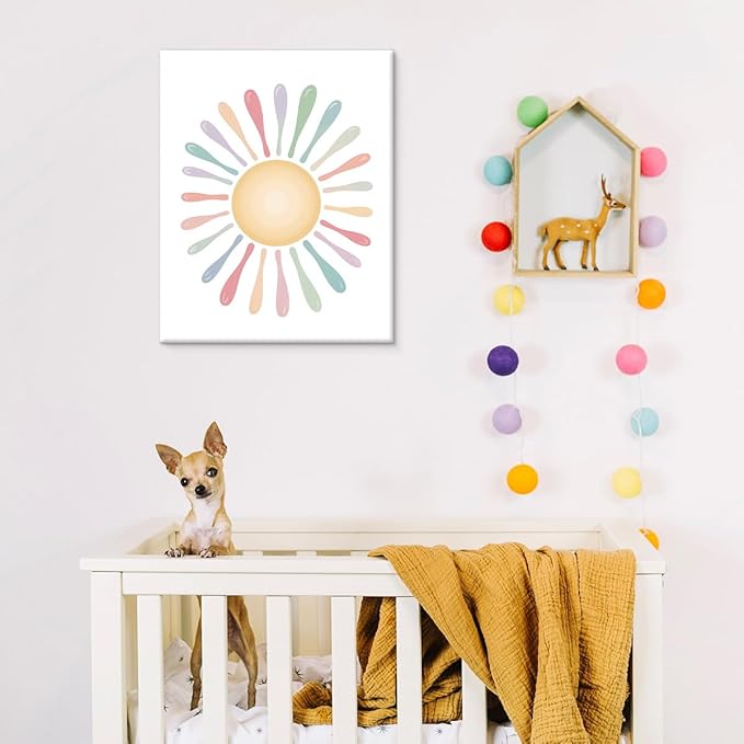 Cute Pastel Sun Nursery Canvas Wall Art Print Colorful Sun Poster Painting Wall Decor for Nursery Toddler Girls Room Bedroom Kids Playroom 8x10 Framed