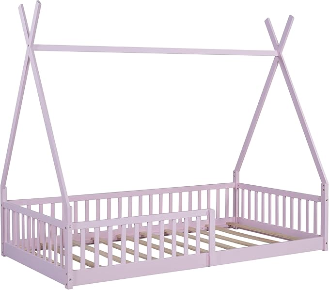 Merax Twin Size House Platform Frames Bed Floor Bed with Fence for Boys or Girls, No Box Spring Needed(Slats Kit Included), Pink
