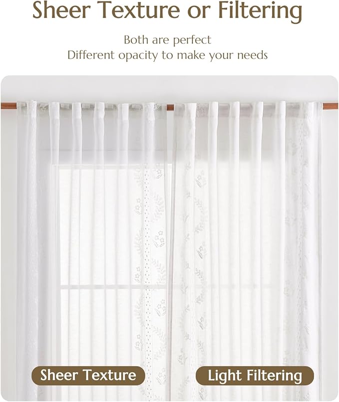 jinchan Belrose Linen Sheer Curtains for Living Room 84 Inch Length Sheer Voile Embroidered Floral Curtains for Bedroom Light Filtering Rod Pocket Window Treatments Farmhouse Decor 2 Panels White