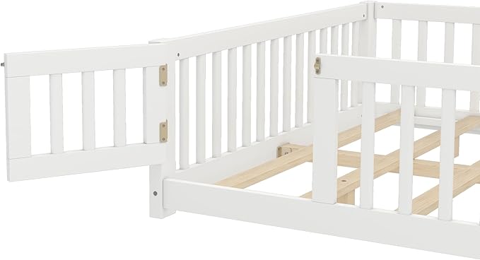 Bellemave Queen Size Floor Bed Frame with Slats and Safety Guardrail, Wood Queen Size Montessori Floor Bed with Door and Fence, Easy Assemble Montessori Beds for Kids, Girls, Boys, White