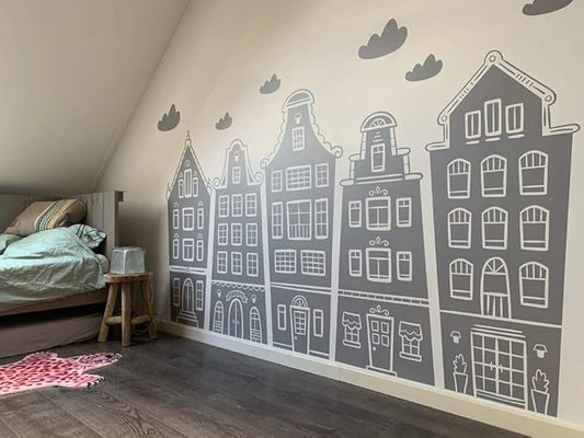Scandinavian Houses & Clouds Decal Nursery Kids Playroom Wall Sticker Baby Amsterdam Room Decor BA765 (Grey, 100X59inches)