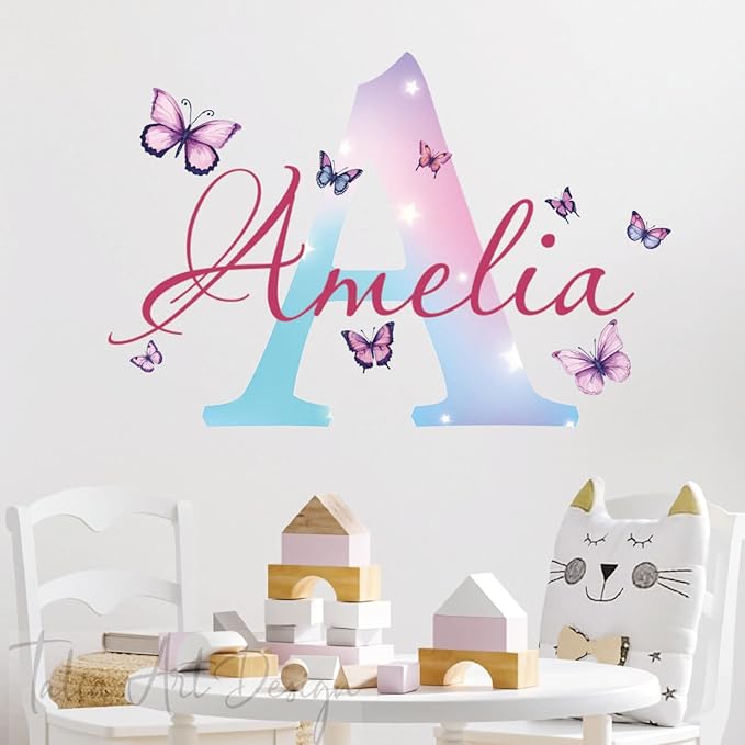 Watercolor Butterfly Name Wall Sticker, Custom Name Wall Decals for Girls Room and Nursery