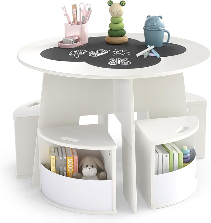 HONEY JOY White Kids Table and Chair Set, Children Activity Play Table with 4 Storage Stools for Art Craft, Nesting Design Toddler Table and Chair Set for Playroom, Daycare, Gift for Boys Girls
