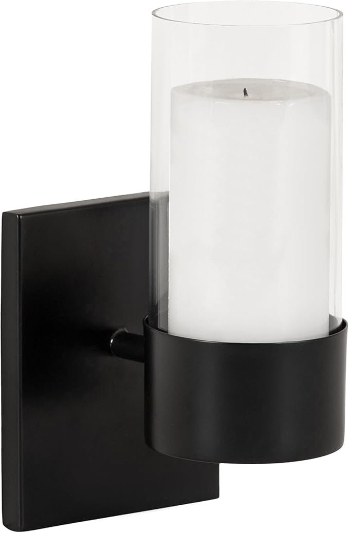 Kate and Laurel Zabler Modern Metal Wall Sconce, 5 x 6 x 10, Black, Round Candle Holder with Removable Glass Cylinder for Flameless Candle Display in Bedroom or Bathroom