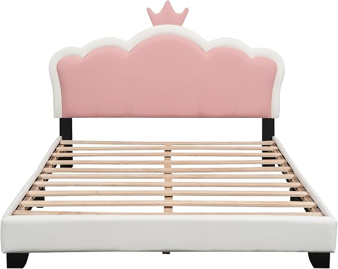 CITYLIGHT Full Size Pink Cute Bed, PU Upholstered Girl's Platform Bed Frame with Crown Headboard, Full Bed Frame for Kids and Teens, White+Pink