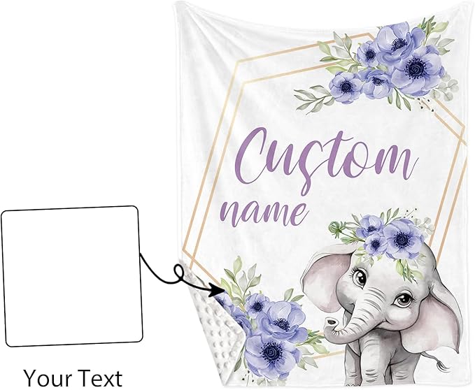 Personalized Crib Bedding Set for Boys Girls, Custom Baby Crib Sets with Name, Purple Flower Elephant Design Nursery Bedding 2 Piece - Soft Blanket with Double Layer Dotted Backing, Crib Fitted Sheet