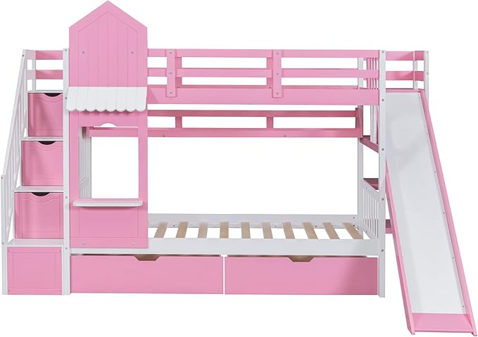 Twin-Over-Twin Castle Style Bunk Bed with 2 Drawers and 3 Shelves, Wood Bunk Bed Frame with Slide and Storage Staircase for Kids Teens Boys Girls, Maximize Space Savings