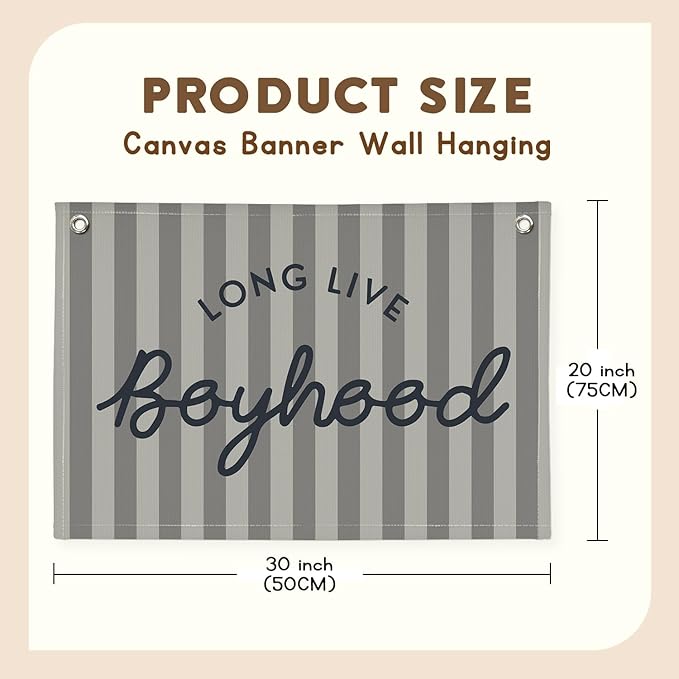 Boys Room Decor, Long Live Boyhood Linen Banner Hanging Flag, Vintage Stripes Banner Nursery Playroom Kids Bedroom Dorm Toddler Decorations Trendy Room Decor, Gifts for Teens 30x20 boyroom
