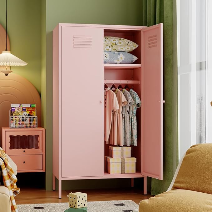 2 Door Metal Wardrobe,Classified Storage Tall Cabinet with Hanging Rod & 2 Freely Adjustable Shelves, Metal Armoire Closet for Kids Bedroom, Laundry Room,Home (Storage Cabinet, Pink)