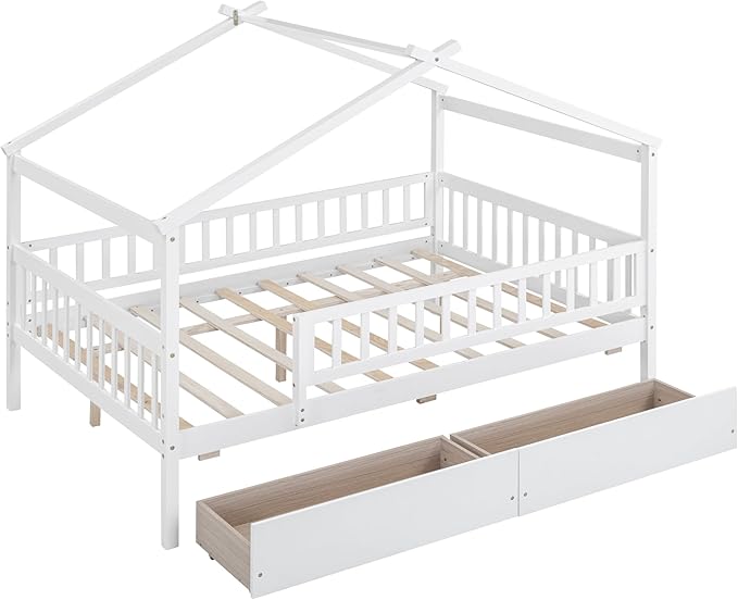 Merax Full Size Wooden House Bed with Two Drawers, Wood Bed Frame with Roof and Safety Guardrail for Kids, Teens, Boys or Girls, White