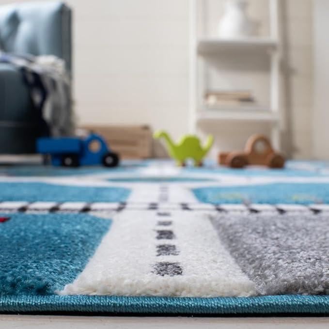 SAFAVIEH Carousel Kids 100 Collection Square Rug - 8', Turquoise & Ivory, Transitional Design, Stain Resistant, Ideal for High Traffic Areas in Bedroom, Dining Room & Kitchen (CRK192K-8SQ)