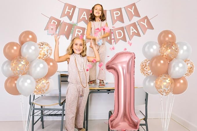 Rose Gold 40inch Number 1 Balloon, First Birthday Decorations For Girl With Rose Gold White Confetti Balloons, Happy Birthday Banner Large 1 Balloon For Baby Girl Princess Birthday Party Decor