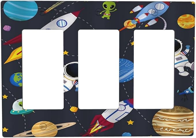Rocket Planets Astronaut Blue Decorative Triple Rocker Light Switch Covers 3 Gang Outlet Wall Plate Cover Decorative Switchplate Faceplate GFCI for Nursery Kidsroom Bedroom Decor