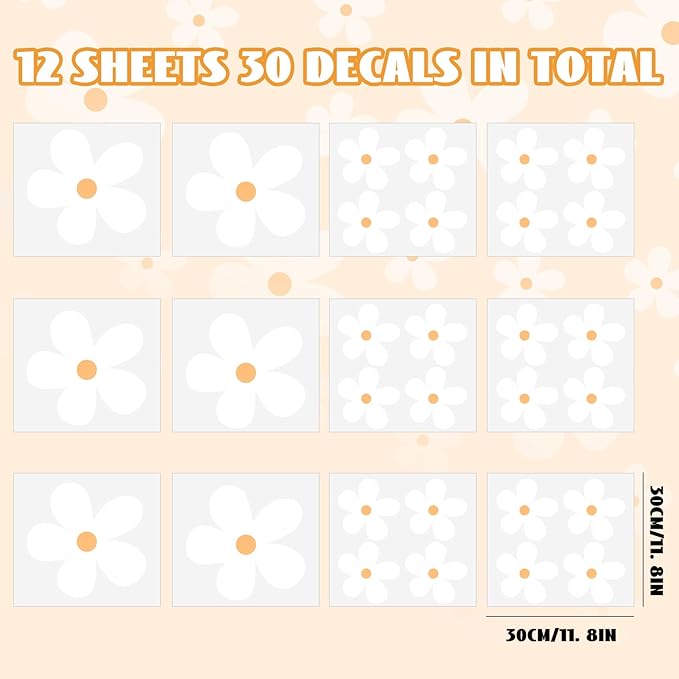 12 Sheets Daisy Wall Decals, Classic White Daisy Flowers Wall Stickers, Vinyl Peel and Stick Floral Decor, Large Floral Nursery Bedroom Living Room Decor for Kids Girls Teens