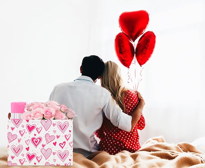 CLOCOR Rectangular Heart Printed Valentine's Day Basket Empty, Gift Basket, Waterproof Storage Basket with Handles, Room Decor(Bright Heart)
