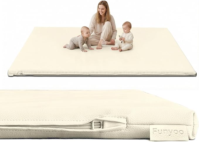 Padded 79" ×59" Large Baby Play Mat for Floor, 1.2" Thick Memory Foam Playmat with Soft Vegan Leather Cover, Cushioned Play Mat for 79" x59" Playpens, Beige