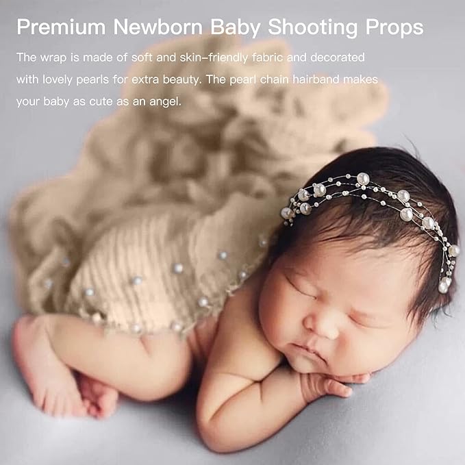 SPOKKI 2 PCS Baby Props Photography Wrap Kit, Newborn Photography Props, Handmade Pearl Wrap Blanket for Baby Photo Props with Pearl Headband, 35.5 X 67 inch Newborn Outfits for Photography (Beige)
