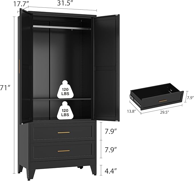 Metal Wardrobe Closet Cabinet with Drawers,71" H Large Bedroom Armoires with Shelves and Hanging Rod,Wardrobe Storage Cabinet with 2 Doors, 1 Adjustable Shelf and Drawers (2Drawer, Black)