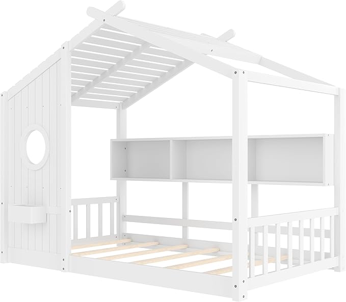 Twin Size House Bed with Storage Shelves for Kids,Kids Montessori Floor Bed, Cute Wood House Bed Frame Twin with Roof for Girls,Boys,Can be Decorated,White