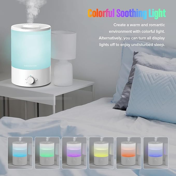 MEGAWISE 3.5L Cool Mist Humidifier with Top Refill, Large Capacity of 3.5L, Easy Safe and Convenient for Home + 7 Night light Colors