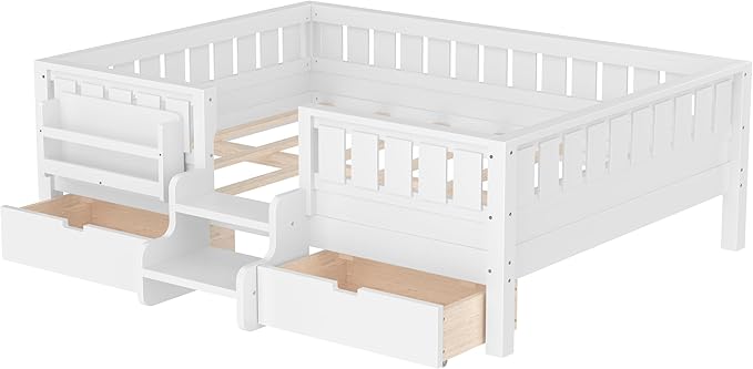 Bellemave Full Size Kids Bed with high Rails and with Built-in Bookshelf and Drawers for Kids, Girls, Boys, Wood Montessori Bed Without Door, White