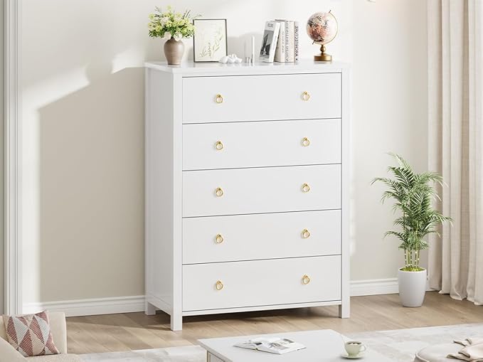 IDEALHOUSE Dresser for Bedroom with 5 Drawers, 45'' Tall Chest of Large Drawers with Large Clothes Storage Cabinet, Wood Bedroom Dresser, TV Stand for Nursery, Living Room, Enterway, White