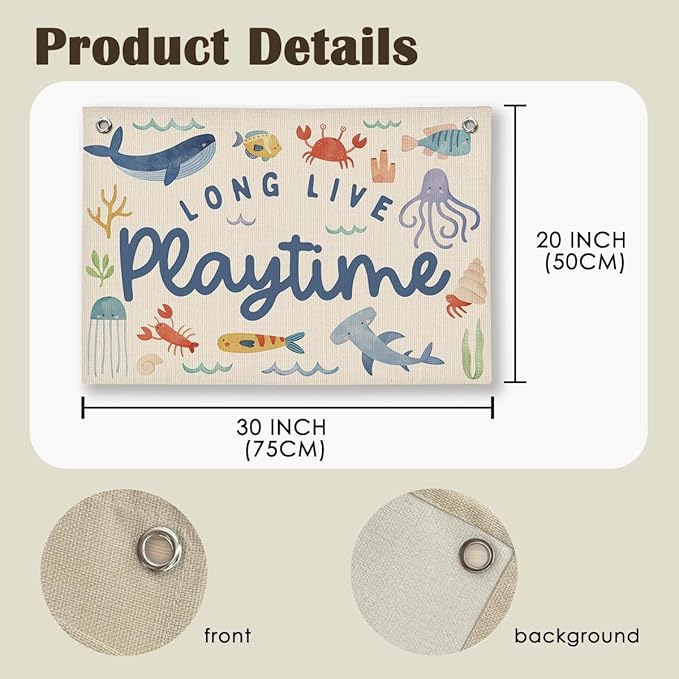 Playroom Wall Decor, Ocean Nursery Kids Toddler Boy Playroom Decor Hanging Linen Banner,Play Room Wall Decorations for Kids Boys Nursery, 20x30 Inch