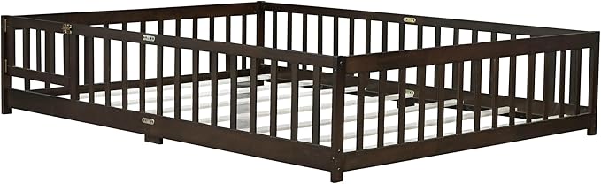 Queen Size Montessori Floor Bed Frame with Convertible Door & Wood Slats for Kids,Wood Montessori Bed with Safety Guardrails for Girls & Boys,Espresso
