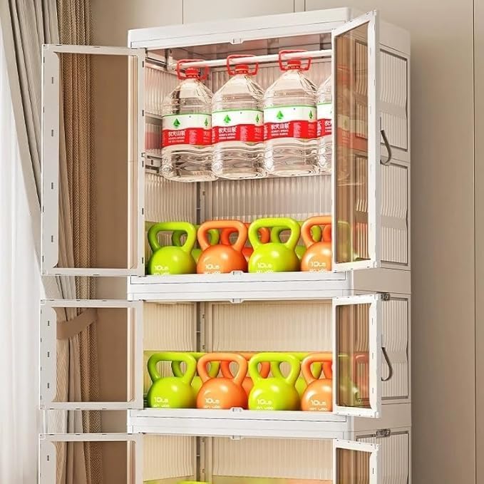Kids Wardrobe Closet, 4Tiers Portable Foldable Children’s Clothes Organizer with Wheels Cabinet Toddler Dresser Storage Organizer with Hanging Rod & 6 Hangers for Kids Bedroom or Nursery