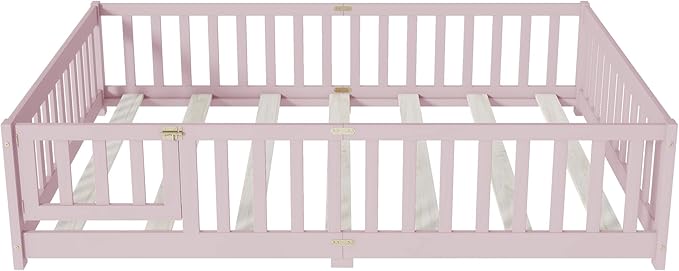 Full Size Floor Bed for Kids, Wood Montessori Floor Beds with Fence Railings, Door & Slats Support, Full Playhouse Bed Frame for Boys Girls, No Box Spring Needed, Pink