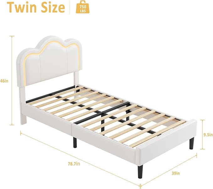 GarveeHome Twin Upholstered LED Bed Frame with Headboard, Faux Leather Princess Platform Bed Frame for Kids, Wooden Slats Support, No Box Spring Needed (Cream, Twin)