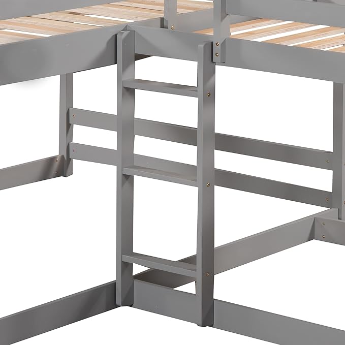 L-Shaped Full and Twin Size Bunk Bed with Slide and Short Ladde, Solid Wood 4 in 1 Design Quad Bunk Bed Frame with Safety Guardrail for Aldults Kids Teens (Gray-4)