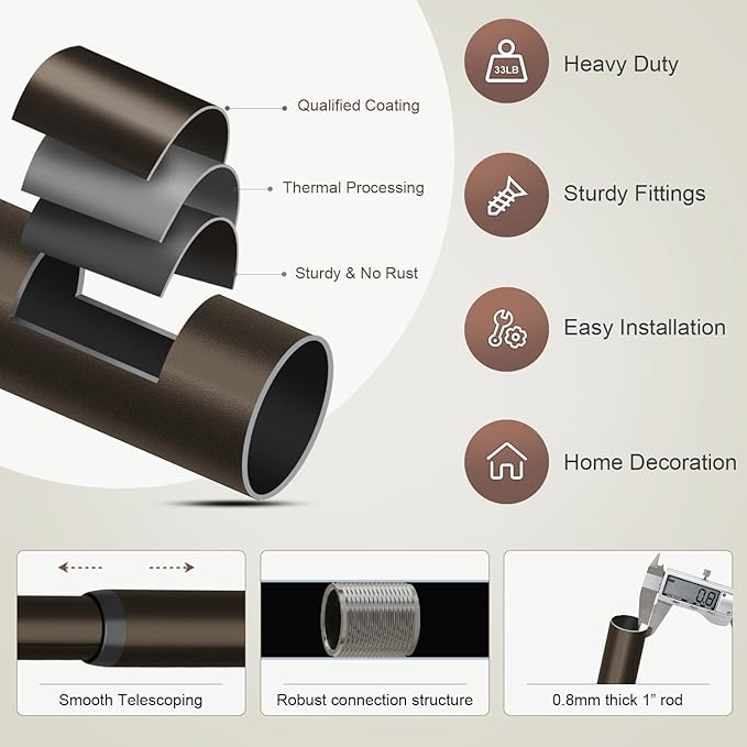 Modern Brown Curtain Rods for Windows 28 to 48 Inches Adjustable Length Heavy Duty 1" Diameter Window Curtain Rod with Decorative Finials for Outdoor Farmhouse Bedroom Kitchen Living Room