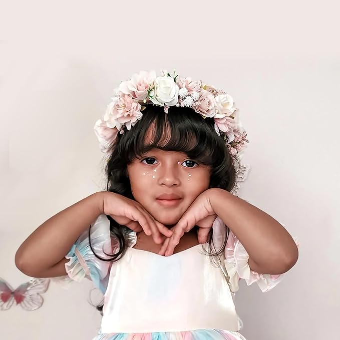 Flower Crown for Girls Birthday Party Children Floral Headpiece Kids Headband Wedding Holo Hair Accessories Photo Prop Soft Pink Headband