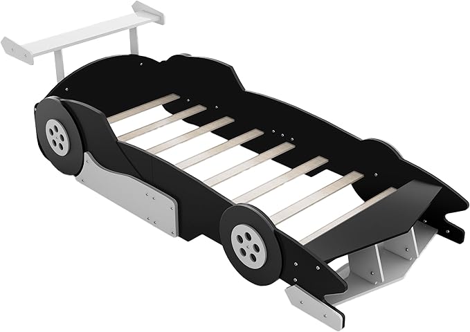 Flieks Twin Size Race Car-Shaped Platform Bed Frame for Boys Girls Kids Adults Toddler with Wheels,Black