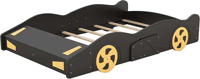 Full Size Race Car-Shaped Platform Bed with Wheels,Kids Full Bed Frame W/Storage Space & Guardrails,Race Car Bed for Boys Toddlers Child's Bedroom,Black+Yellow