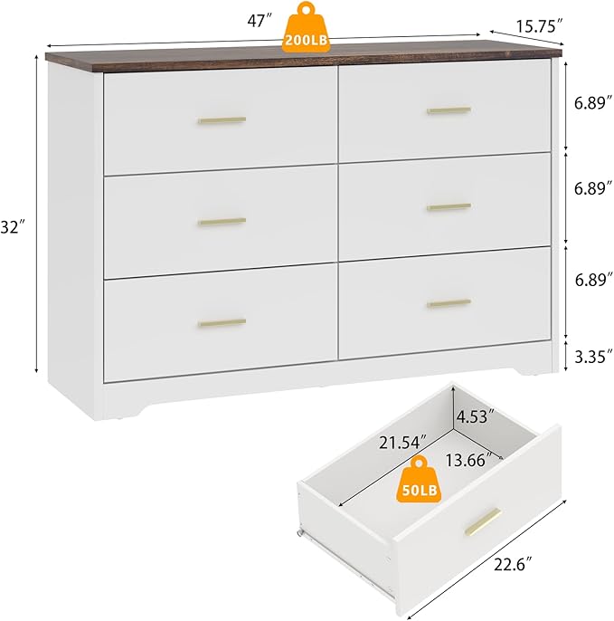 LIDYUK White Dresser for Bedroom, 6 Drawer Dressers & Chests of Drawers, Modern Wood Dresser, 48 Inches Wide Chest of Drawers for Bedroom, Hallway, Living Room