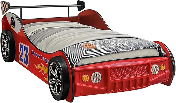 Race Car Twin Bed Frames for Kids, Wood Car-Shaped Bed Frame with LED Lights & Slat Support for Toddler, Boys or Girls (Race Car-Red)