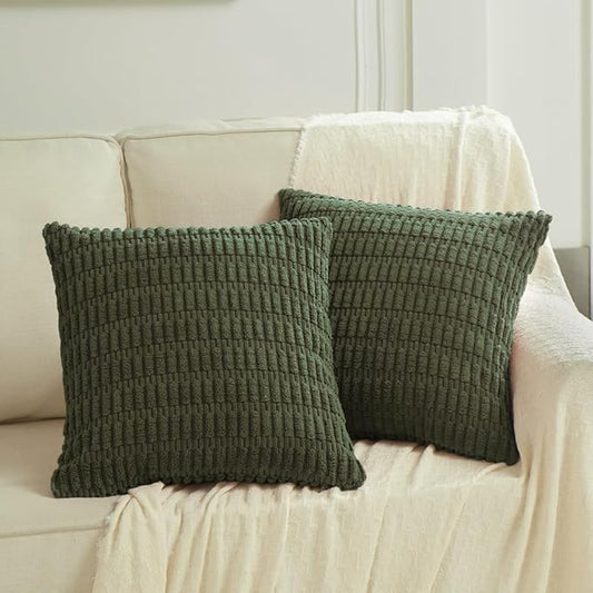 Fancy Homi 2 Packs Boho Olive Green Decorative Throw Pillow Covers 20x20 Inch for Couch Bed Sofa, Rustic Modern Farmhouse Home Decor, Soft Plush Corduroy Square Cute Cushion Case 50x50 cm
