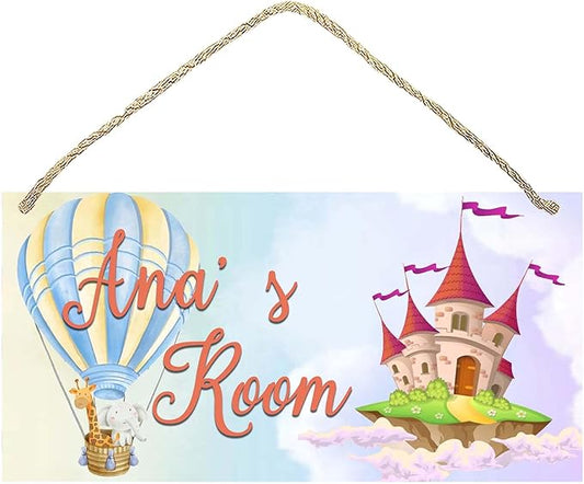 Personalized Name's Balloon with animals & floating castle Nursery Kid's Children's Girls Bedroom Door Sign Wood Plaque Sign Wall Decor Gift