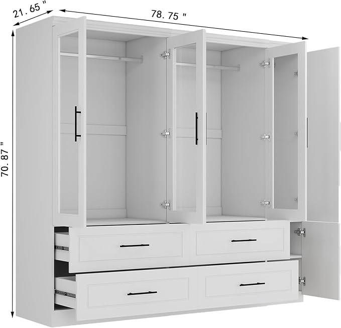 5 Door Armoire Wardrobe Closet with Mirror, Wood Wardrobe Closet with Glass Door Combination Bedroom Armoire 4 Drawer with Hanging Rods for Home/Bedroom/Living Room