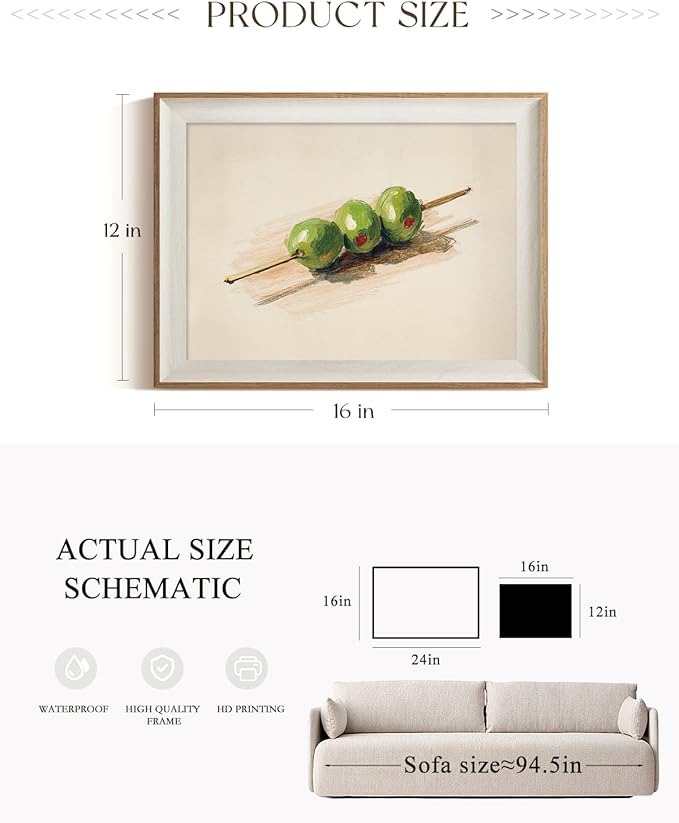 ARPEOTCY Vintage Framed Canvas Wall Art, 12x16 Inch Olive Skewer Still Life Painting, Rustic Kitchen Wall Decor, Minimalist Dining Room Artwork, Green Olive Oil Inspired Picture for Home & Living Room