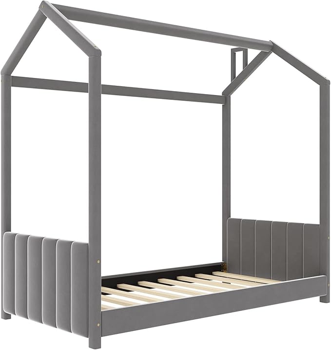 Ball & Cast Twin Size Floor Bed,Low to Ground Design Montessori Bed with Roof,Velvet Toddler House Bed Frame W/Slats,No Box Spring Needed,for Girls Boys,Gray